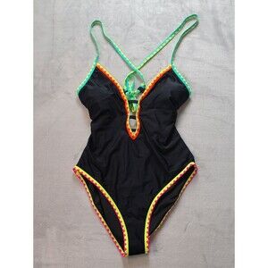 Popvil Black One Piece Tie Back Swimsuit with Multicolored Neon Trim Size XL New